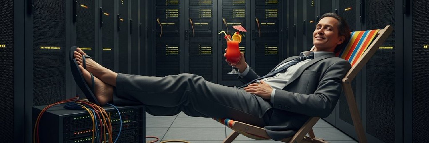 Guy in a suit in a folding chair sipping a colorful drink with his feet up on a stack of switches in a data center